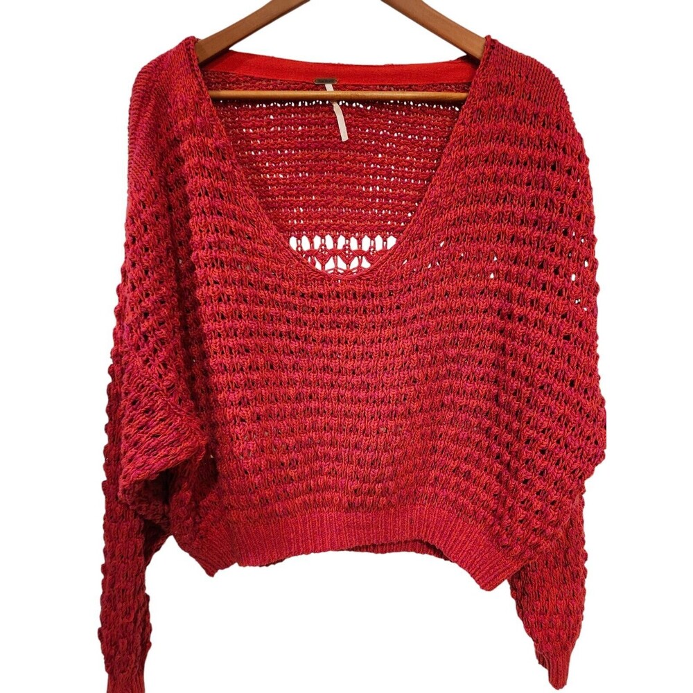 Free People Coconut V-Neck Sweater‎ Slouchy Fuchsia Pink Size M Cottagecore Boho